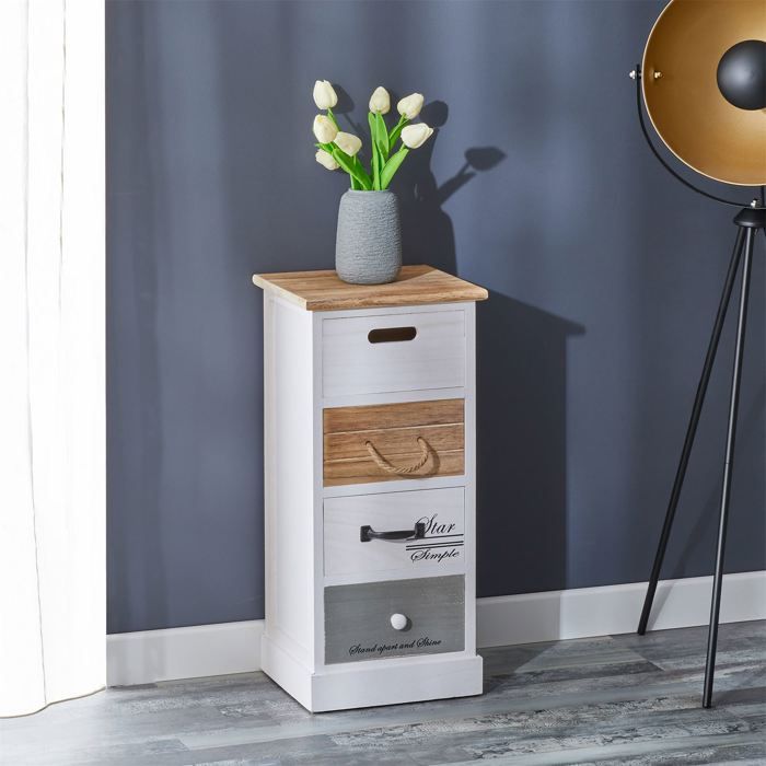 Chiffonnier SALVA H 63 cm en bois massif blanc gris et brun 4 tiroirs commode petit meuble de rangement haut Chiffonnier SALVA H 63 cm en bois massif blanc gris et brun 4 tiroirs commode petit meuble de rangement haut