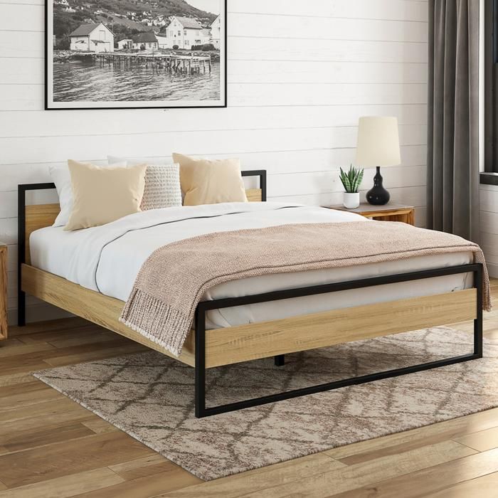 IDMARKET Lit double industriel DETROIT avec tête de lit et sommier 140 x 190 cm bois et métal noir