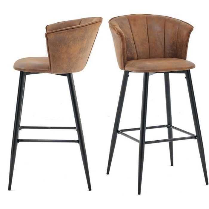 MEUBLES COSY Lot de 2 tabourets de bar industriels avec accoudoirs et dossier en suédine pieds en métal noir - DONCIC BAR