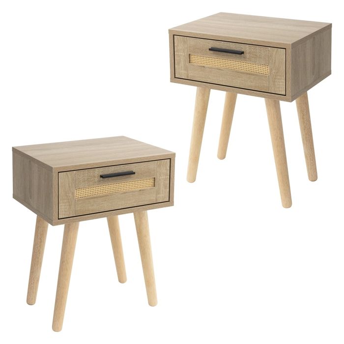 COSTWAY Table de Chevet en Rotin, Table de Nuit Bois avec 2 Tiroirs et 4 Pieds en Pin, Porte