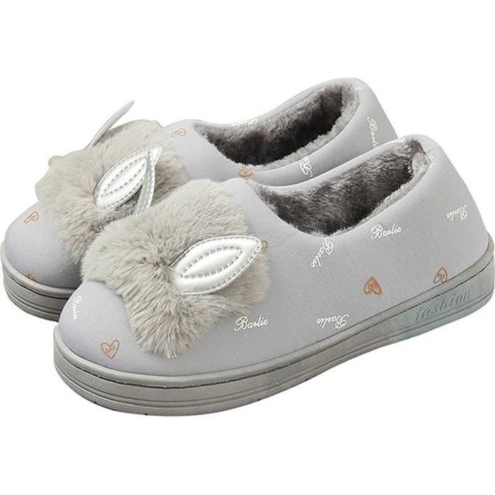 Hiver Chaud Chaussons Peluche Oreilles De Chat Motifs Animaux Hiver Pour Femme Anti Derapant Slippers Gris Cdiscount