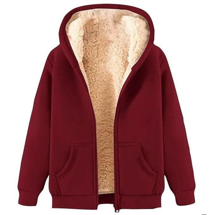 Veste dhiver chaude en polaire pour femme - Rouge - Polyvalente et élégante - Avec capuche réglable