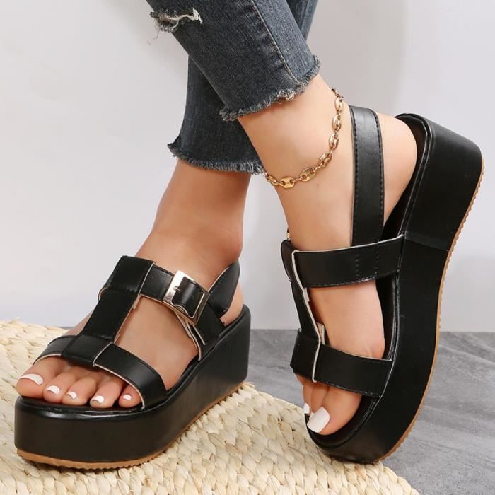 Bikisolo Femmes PU Talon compensé Sandales avec Boucle chaussures