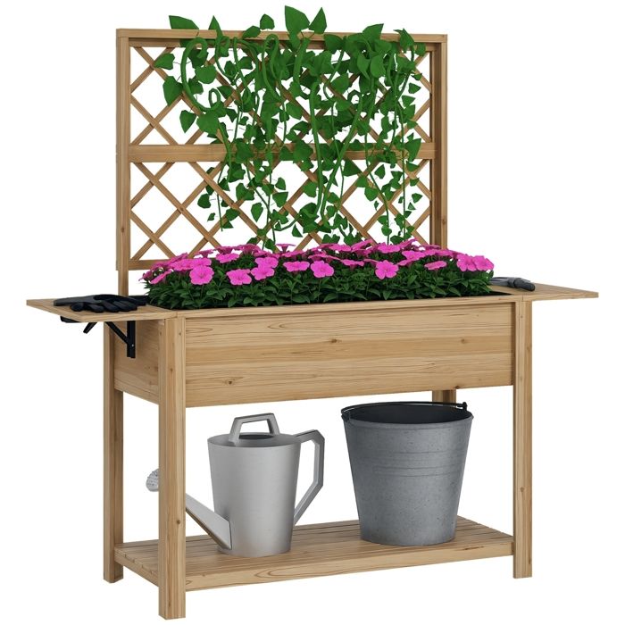 Jardinière rectangulaire - Outsunny - sur pieds potager treillis 2 tablettes rabattables étagère - bois - 140x45x151cm