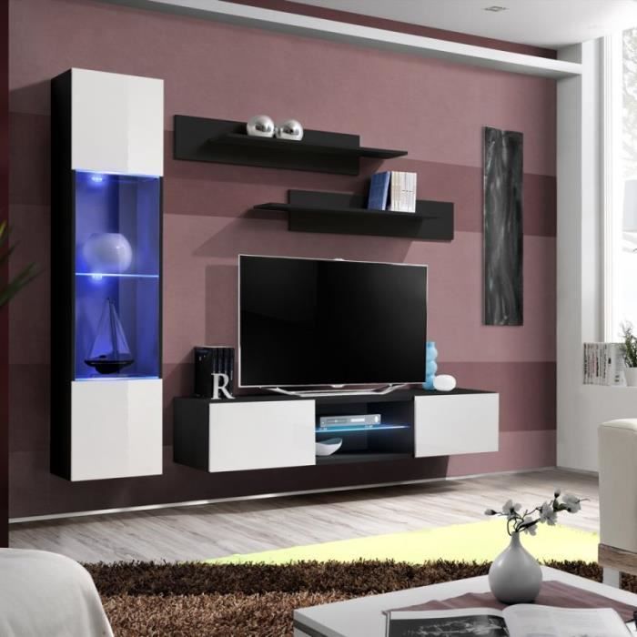 ensemble meuble tv mural design fly xxii 210cm blanc & noir - paris prix - laqué - porte(s) et tiroir(s)