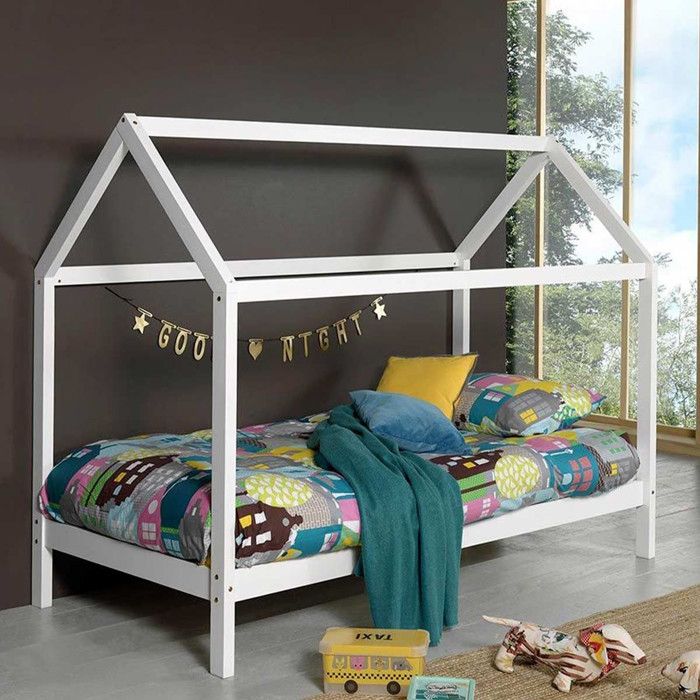 Pack - Lit Cabane Enfant & Matelas Dallas 90x200cm Blanc Pack - Lit Cabane Enfant & Matelas Dallas 90x200cm Blanc