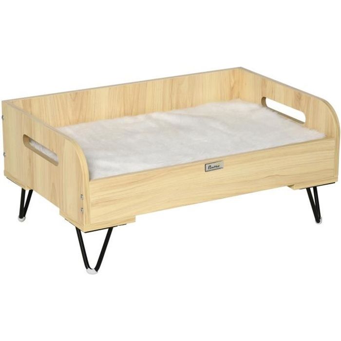 pawhut canapé lit pour chien chat design piètement métal avec coussin moelleux 2 poignées latérales mdf blanc et aspect bois