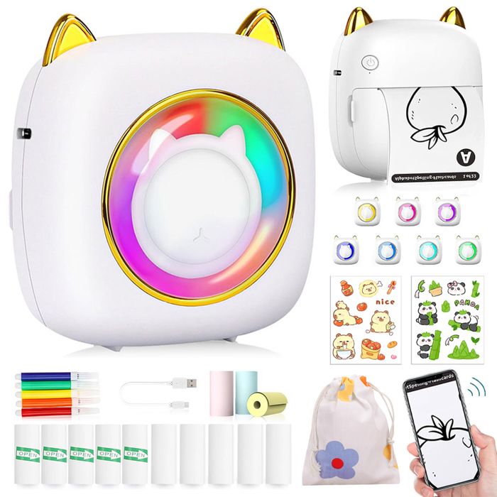 Mini Imprimante Photo Portable Bluetooth Imprimante Thermique Sans Fil avec 13 Rouleaux de Papier LED à Sept Couleurs