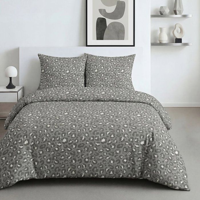Parure de Lit - 240 x 220 cm - Coton Imprimé Léopard Gris Anthracite - TODAY SUNSHINE
