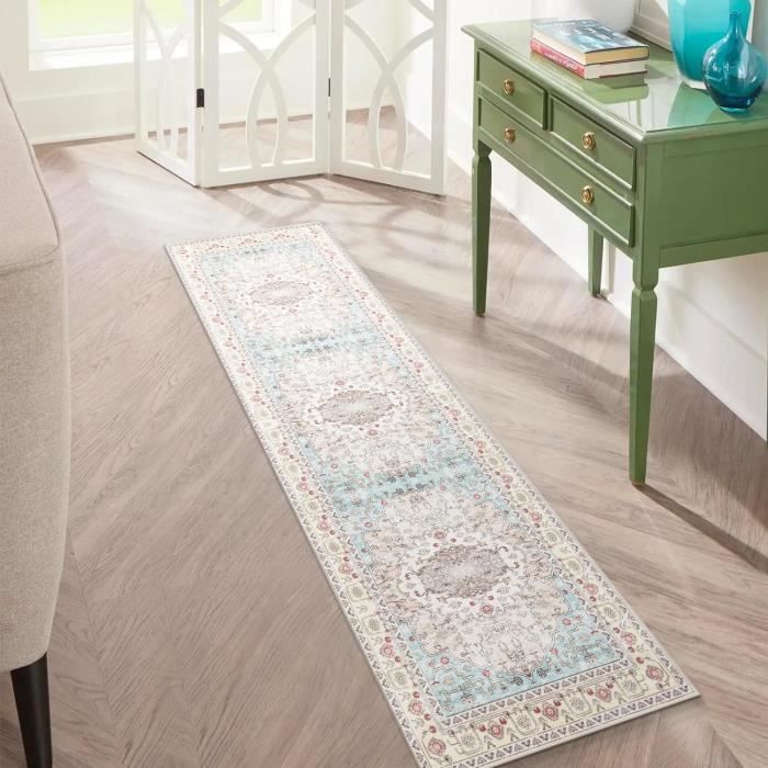 Carvapet Tapis de Passage 90x150cm Antidérapant Tapis de Couloir Lavable Fin Tapis de Sol Long Vintage Médaillon Tapis de Salon Chambre Cuisine(Bleu Rouge