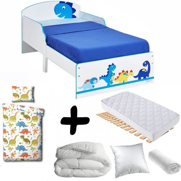 Pack complet Premium Lit enfant Dinosaure = Lit+Matelas & Parure+Couette+Oreiller