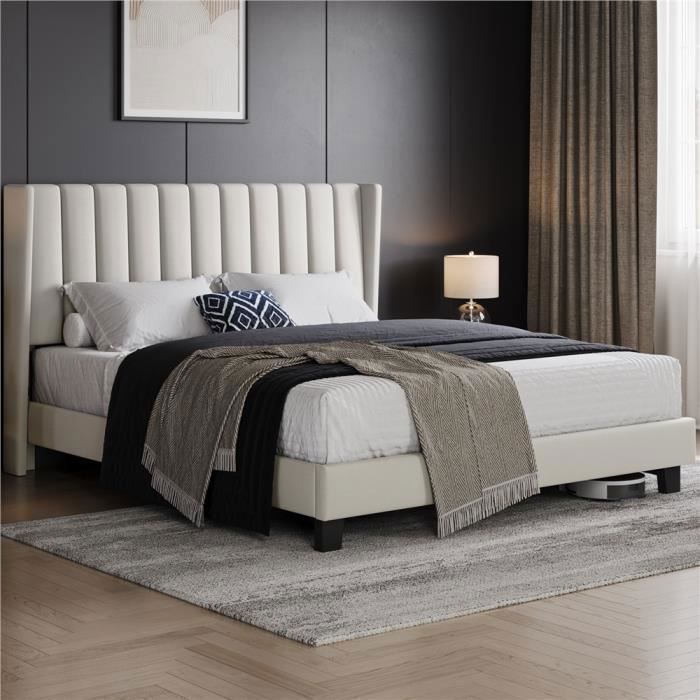 Yaheetech Lit Double Rembourré 160x200 cm avec Sommier à Lattes Cadre de Lit Moderne pour Adultes 2 Personnes Beige Yaheetech Lit Double Rembourré 160x200 cm avec Sommier à Lattes Cadre de Lit Moderne pour Adultes 2 Personnes Beige