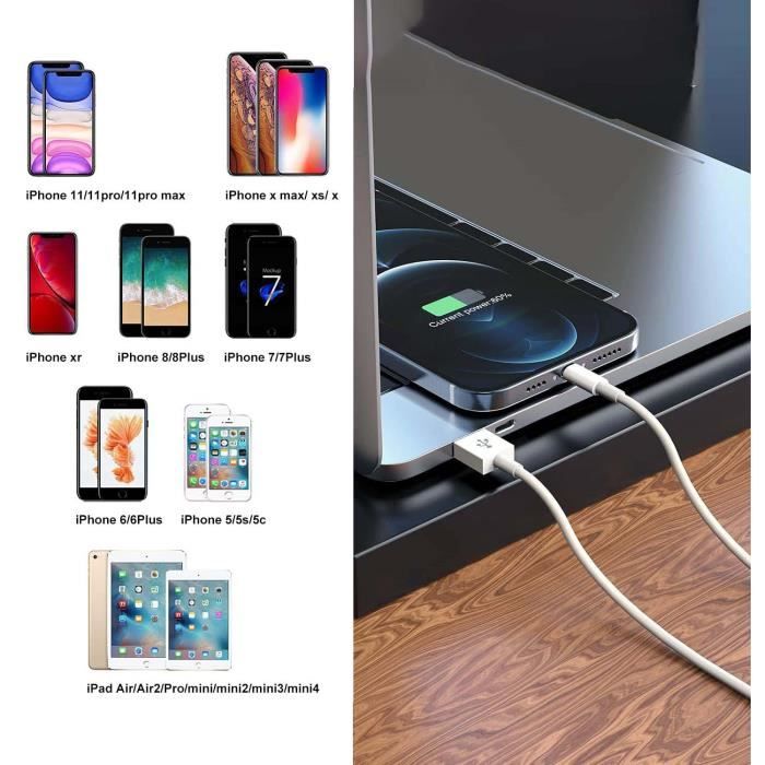 Compatible iPhone XSMAX-XR-XS-X-8PLUS-8-7PLUS-7-6PLUS-6-5-SE] Lot 2 Cables  USB Chargeur Blanc 1 Metre [Phonillico®] - Cdiscount Téléphonie
