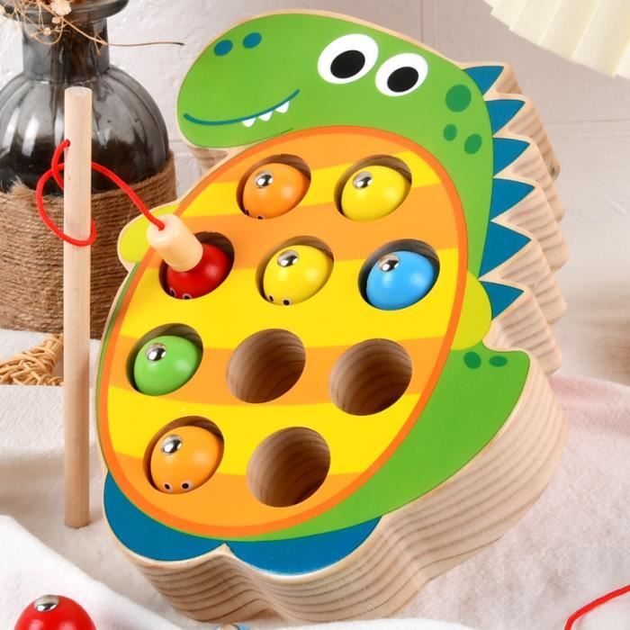 LinStyle Jeu Pêche Magnétique Bois 14 Pièces – Jouet Montessori Dès 2 Ans, Forme Dinosaure, Cadeau Fille Garçon 2 3 4 5 Ans