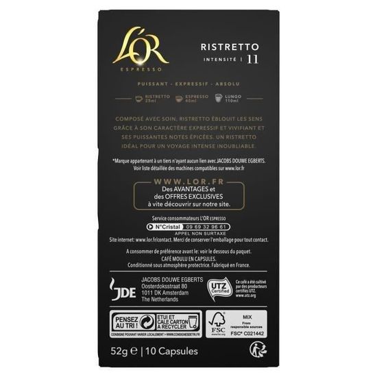 Capsules L'Or Ristretto X200 Pour L'Or Barista Et Nespresso