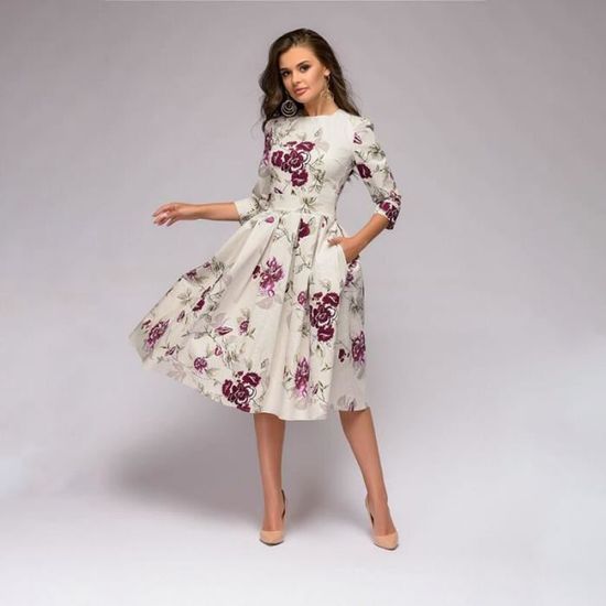 Madame Robe De Soiree Cocktail Manche 3 4 Imprimee A Fleurs Chic Mi Longue Swing Rockabilly Plissee Femme Jupe Blanc Blanc Blanc Cdiscount Pret A Porter