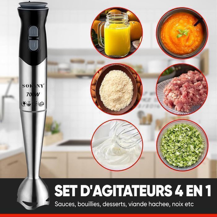 Mixeur Plongeant Yashe 5 En 1 – 1000W, Vitesse Variable, Avec Hachoir, Fouet Et Mousseur à Lait, Inox