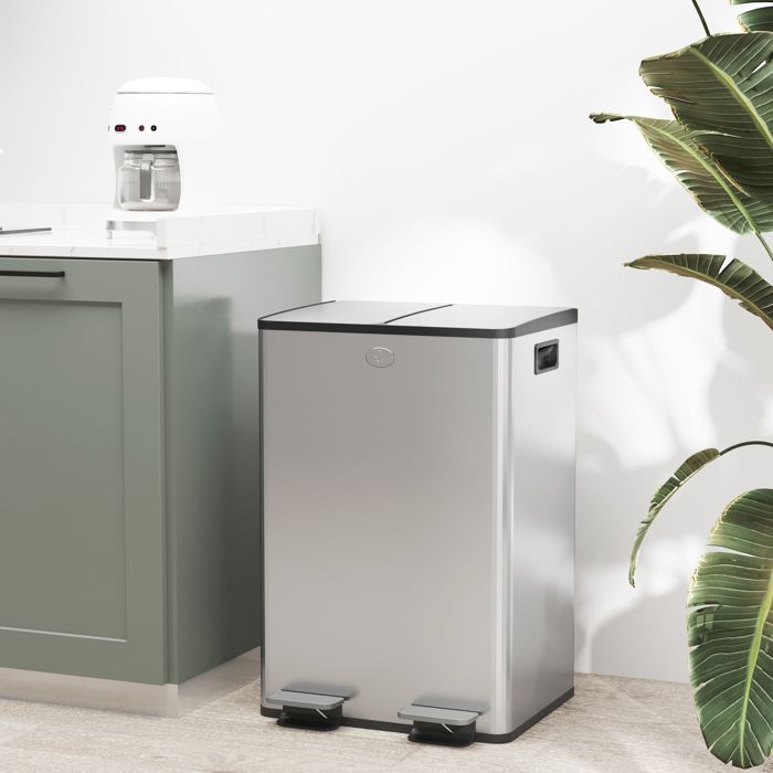 HOMCOM Poubelle à double compartiment 2 x 30L, poubelle de cuisine à pédale tri sélectif en acier inoxydable, seaux intérieurs, couvercle à fermeture douce maintien en ouverture poignées noir brillant