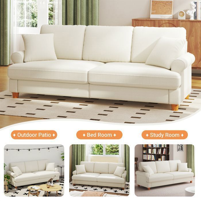 Neche – Canapé droit 3 places en tissu chenille beige – Dimensions 211 x 67 x 71 cm – Largeur d'assise 57 cm – Design moderne avec coussins