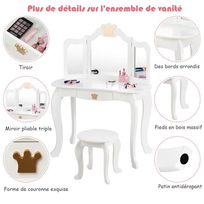 Bureau Miroir Amovible Coiffeuse Enfant Avec Miroir 3 Volets Et