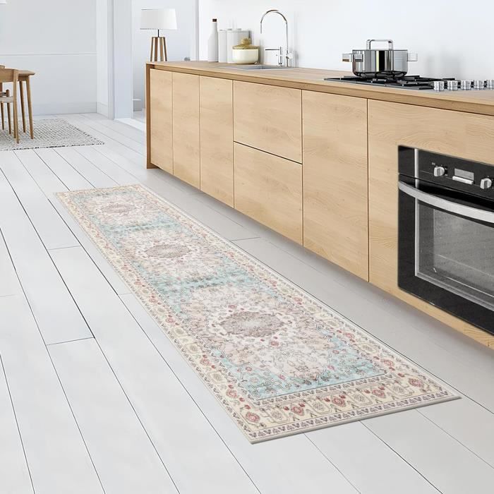 Tapis De Couloir 60x300cm Carvapet - Antidérapant, Lavable, Motif Fleur Médaillon - Pour Salon, Chambre, Cuisine