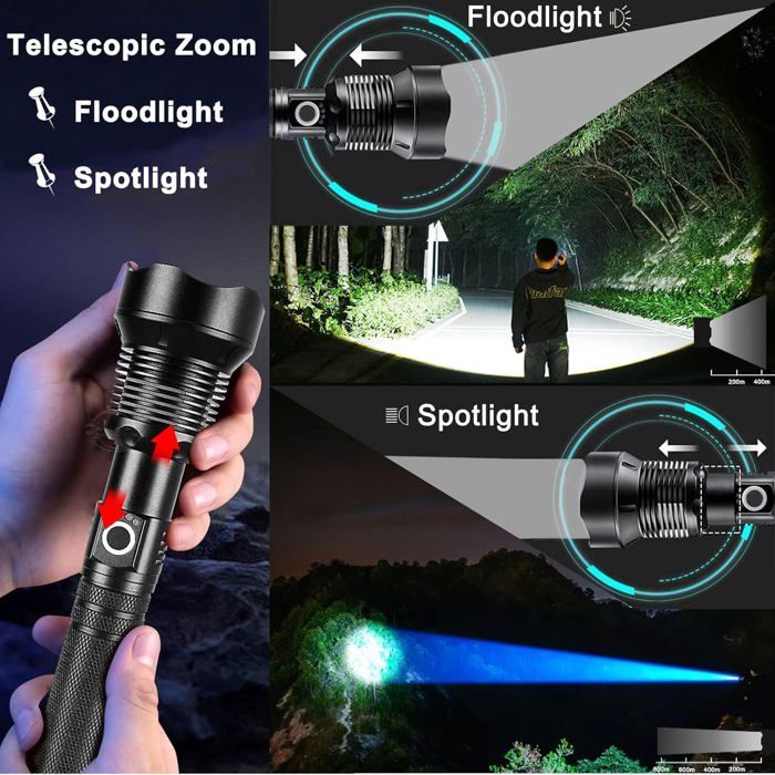 Lampe Torche LED 9000000LM - Rechargeable, Zoom, Étanche IP65 - Noire