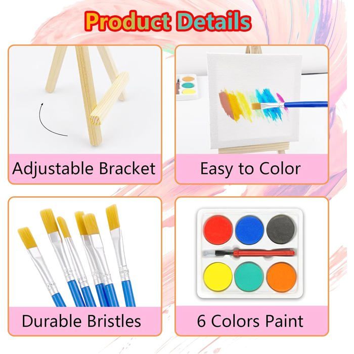 Kit 6 Mini Chevalets Avec Toiles - Chevalet Bois Table - Inclut Pinceaux Et Peintures - Loisir Créatif