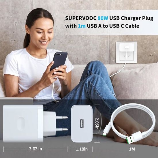 Chargeur Rapide 80W SUPERVOOC Avec Câble USB-C 1m - Compatible OPPO Reno, Find X, Realme, Nord, Technologie De Charge Ultra Rapide - 2