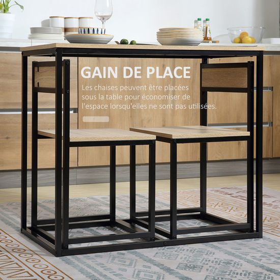 Ensemble Table à Manger 3 Pièces HOMCOM - Table Et 2 Bancs Encastrables | Pour 4-6 Personnes