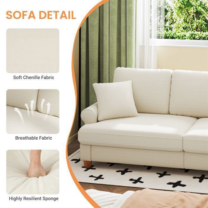 Canapé 3 Places Moderne en Tissu Chenille Pieds en Métal Accoudoirs