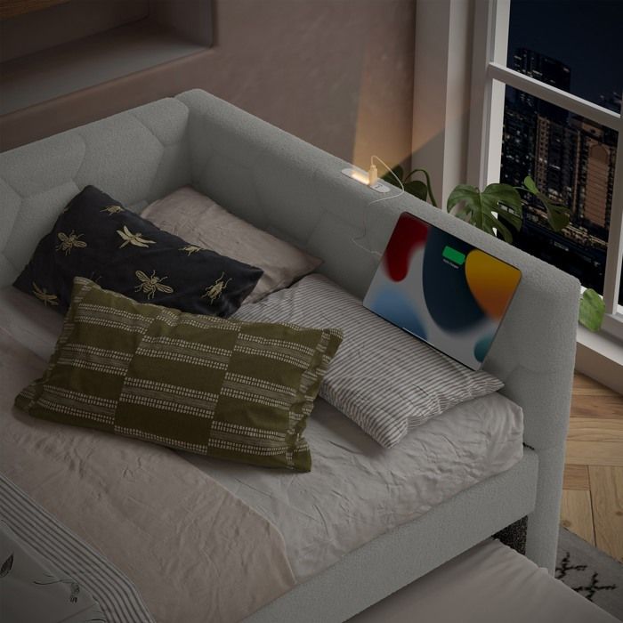 Canapé-lit 140 x 200 cm - avec lit gigogne - avec prise de courant + 2 usb - avec sommier à lattes - blanc (matelas non inclus