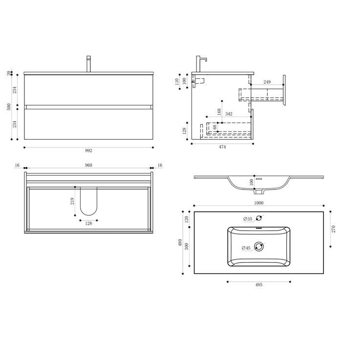 Meuble Sous Vasque Salle De Bain 120x46x54 Cm Blanc Mat - 3 Pièces Avec Lavabo Et Miroir LED - Rangement 4 Tiroirs