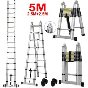 ECHELLE 5 M Échelle Télescopique 2 en 1 Escabeau Pliant Ladder (Multifonctions, Extendable, Aluminium, Certifié EN131, Résistance à 150kg)