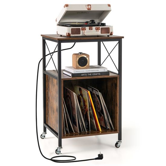 Meuble Support Tourne-Disque Vinyle COSTWAY Avec Prises Et USB - 4 Casiers à Albums, Noyer