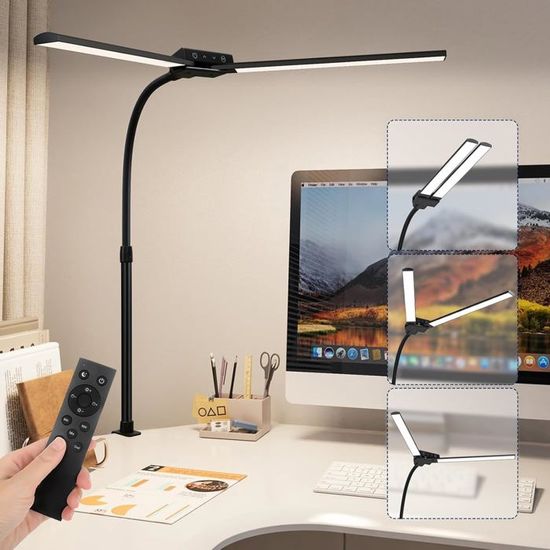 Lampe De Bureau LED Double Tête 1300 Lumens – Télécommande, Bras Articulé 80 Cm, Pince Gaming, Lumière Réglable 24W