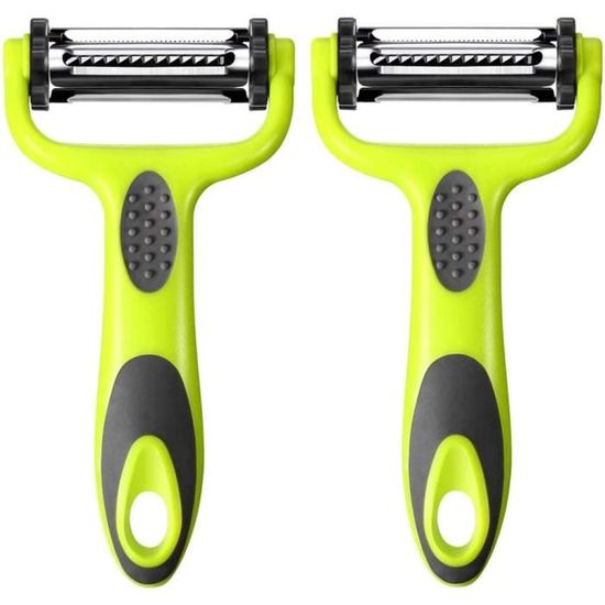 Lot De 2 éplucheurs Multifonctions De Cuisine - 6 En 1 : éplucheur, Râpe, Coupe-légumes... - Lame Inox, Poignée Ergonomique Bleue - 2