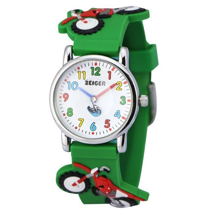 Zeiger Montre enfant Montre garçon Bracelet en nylon vert Modèle de course automobile 3D Sangle réglable Montre à apprendre le temps