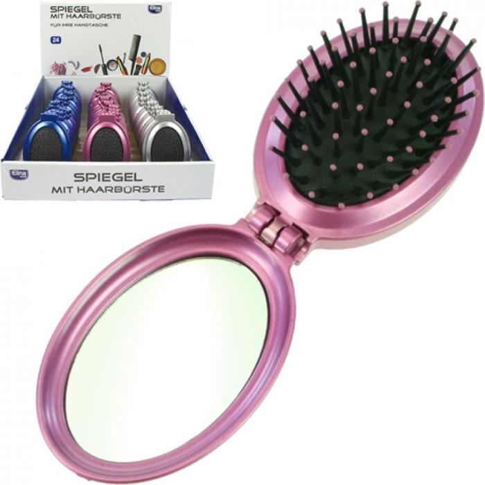 Miroir grossissant ovale pliable de couleur - BLEU - avec brosse a cheveux de la marque - ELINA MED -.