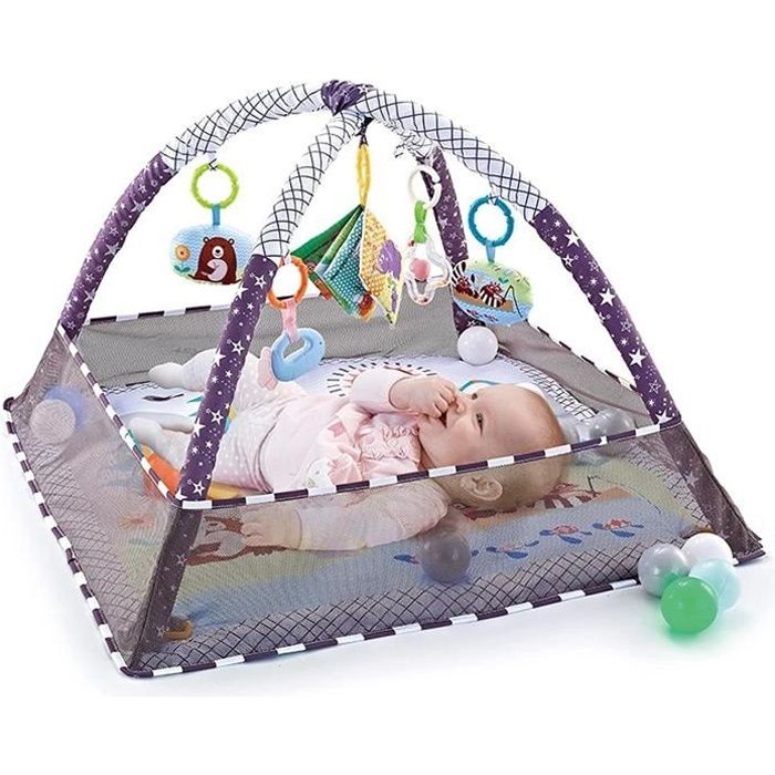 Tapis D'éveil Bébé Avec Filet De Protection,Cadre De Fitness Pour Parc Avec 5 Jouets Suspendus,18 Boules Océaniques
