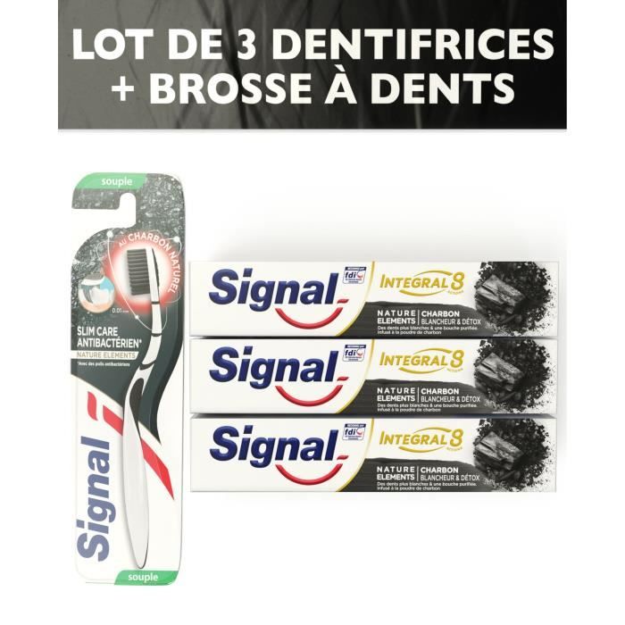 1 Brosse à dents Souple + 3 Dentifrices - SIGNAL Kit Charbon intégral 8 Blancheur Detox