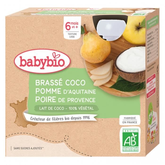 Babybio - Gourde Brassé Lait de coco Pomme Poire - Bio - 4x85g - Dès 6 mois