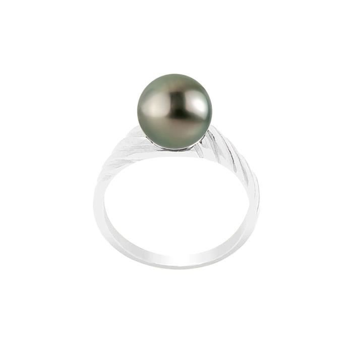 Bague Jonc Godronnée - Véritable Perle de Culture de Tahiti - En Or Blanc