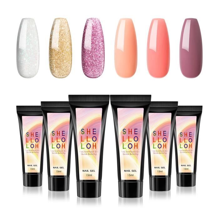 Shelloloh Set de Vernis à Ongle Complet Polish Poly Extension Gel Coloré 6pc UV/LED Vernis Gel Semi Permanent Nail Art Kit