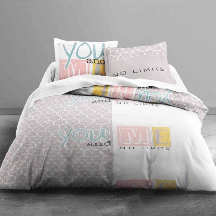 TODAY Parure de couette Enjoy YOU AND ME 100% coton - 1 housse de couette 220x240 cm + 2 taies 63x63 cm blanc et beige