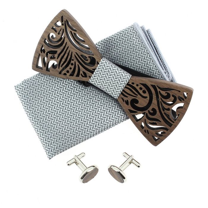 Tony & Paul. Coffret nœud papillon. feuilles, BOIS. Gris, Uni. Oui