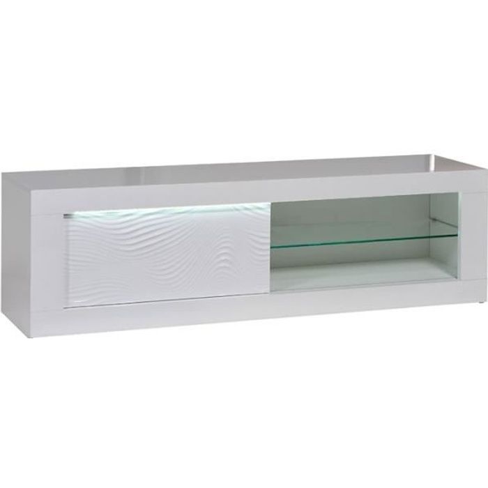Meuble TV 1 porte coulissante Laqué Blanc à LEDs - MARKS - L 170 x l 45 x H 50