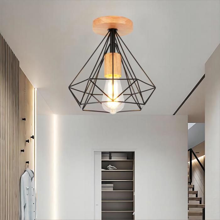 SNOGOLD Plafonnier Industriel en Bois Métal Lampe de Plafond en Cage Forme Diamant Ø25cm Vintage Noir Luminaire E27 pour Salon - Snogold