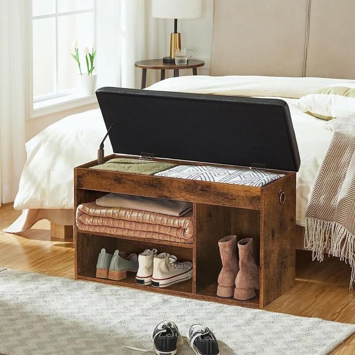 Banc de Rangement - HOOBRO - Meuble à Chaussures - Siège Rembourré - Étagère Réglable - 3 Étagères