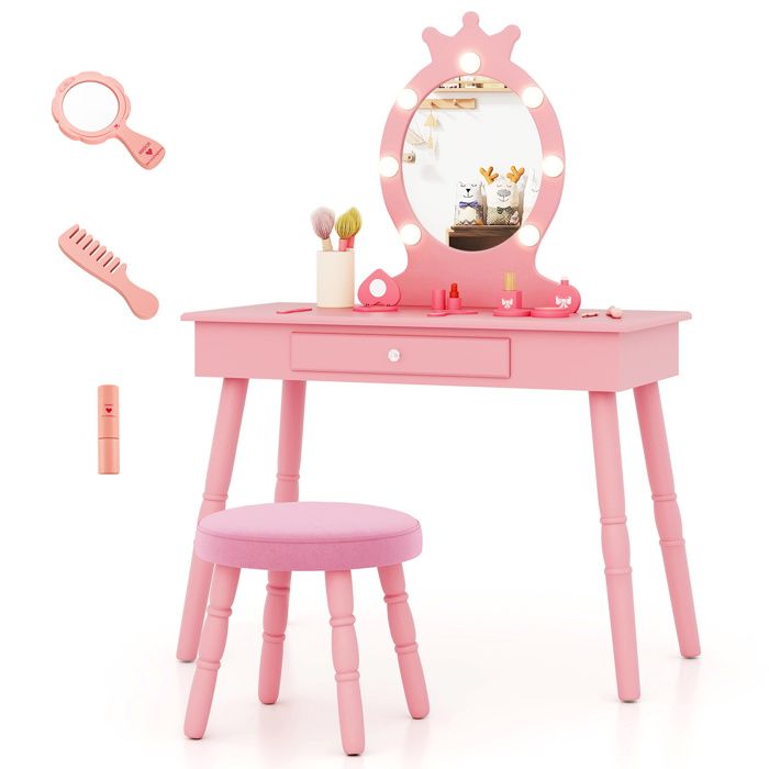 COSTWAY Ensemble de Coiffeuse et Tabouret pour Enfants avec Miroir Eclairé Luminosité Réglable 70 x 34 x 99 cm Rose