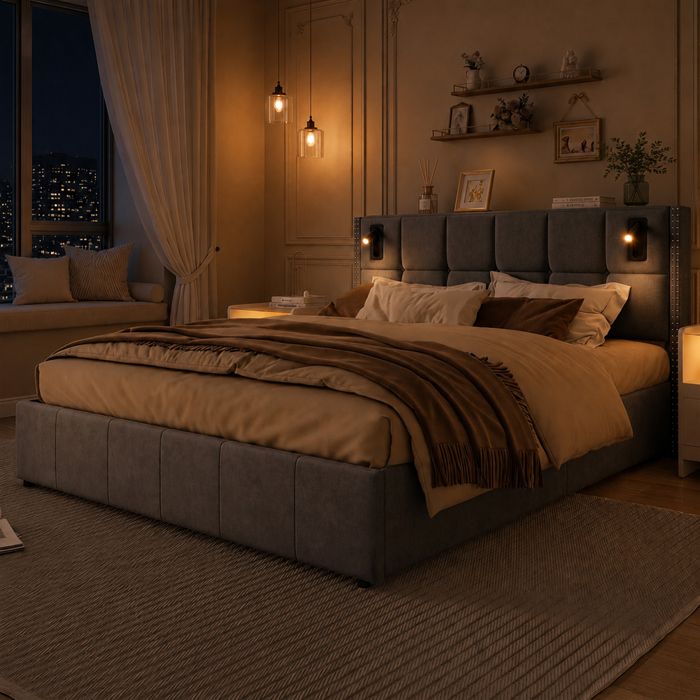 Lit Rembourré 160x200 avec LED Lit Coffre avec USB et Type-C Lit Capitonné en velours Lit Double Lit avec rangement Gris